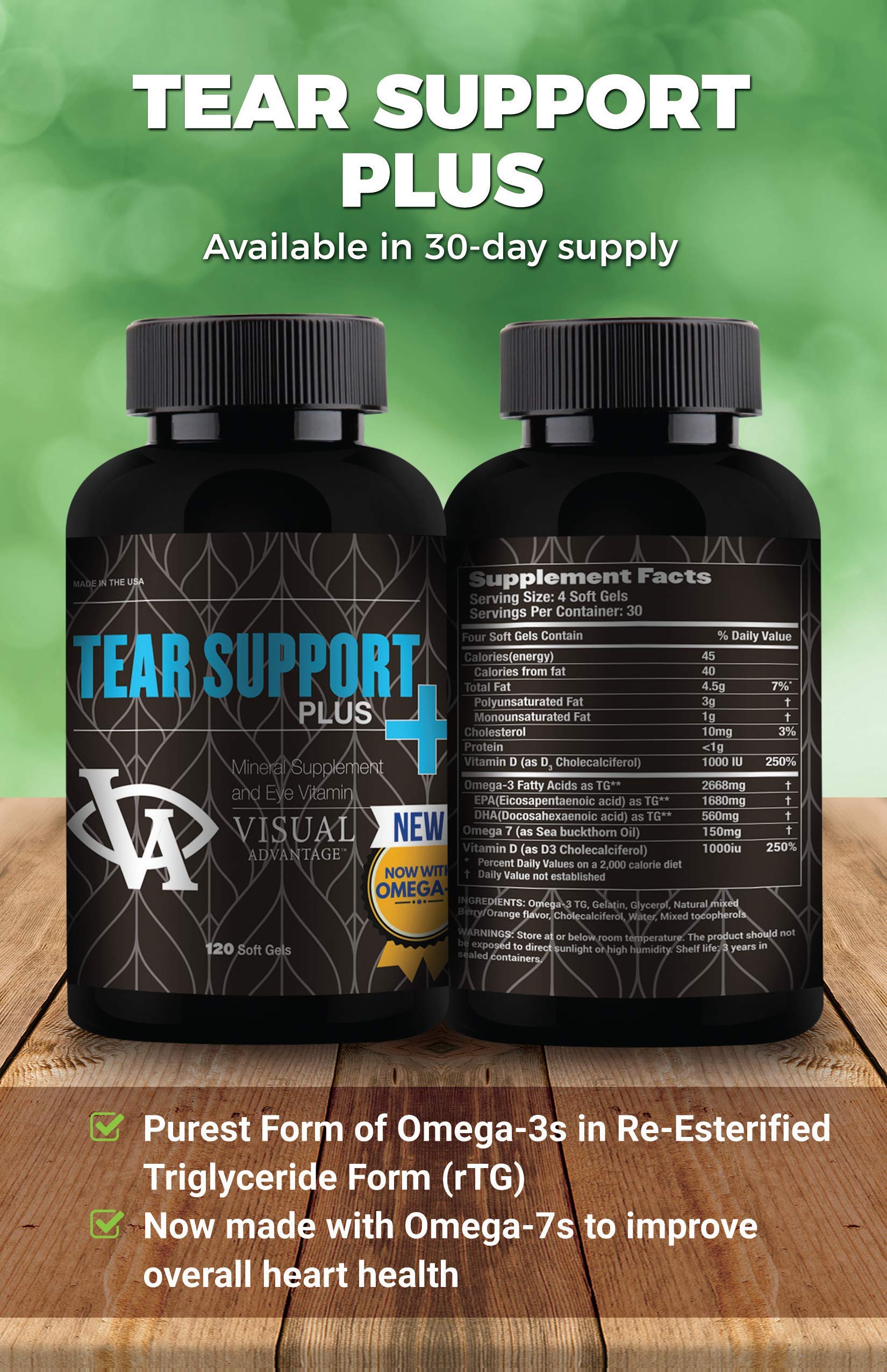Visual Advantage Tear Support Plus ingredient label informs on quality and nutrition.