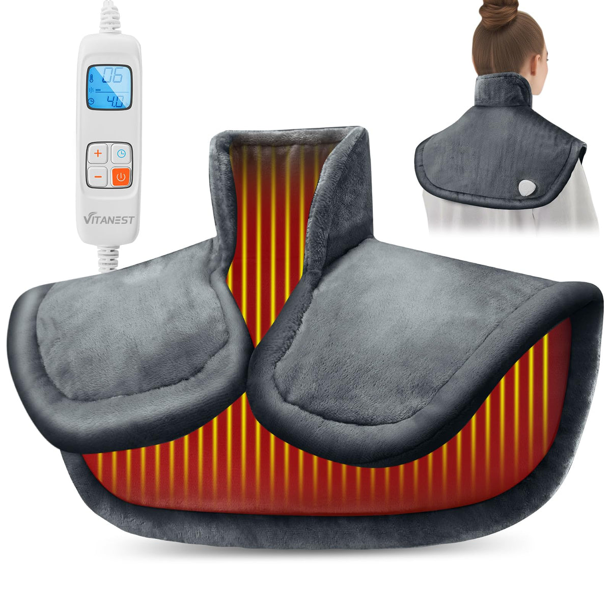 VITANEST neck and shoulders heating pad with extended coils delivering broad warmth
