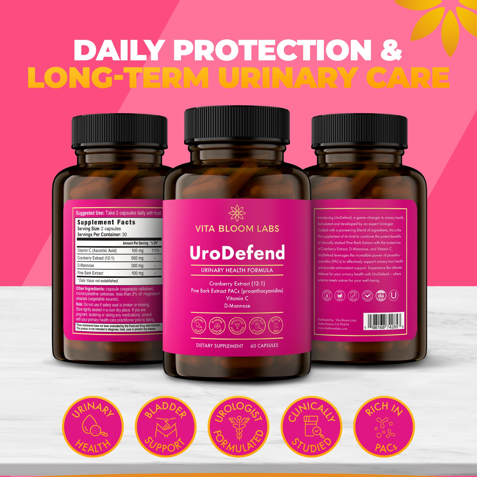 Vita Bloom Labs UroDefend bottle label highlighting gluten-free and additive-free formula