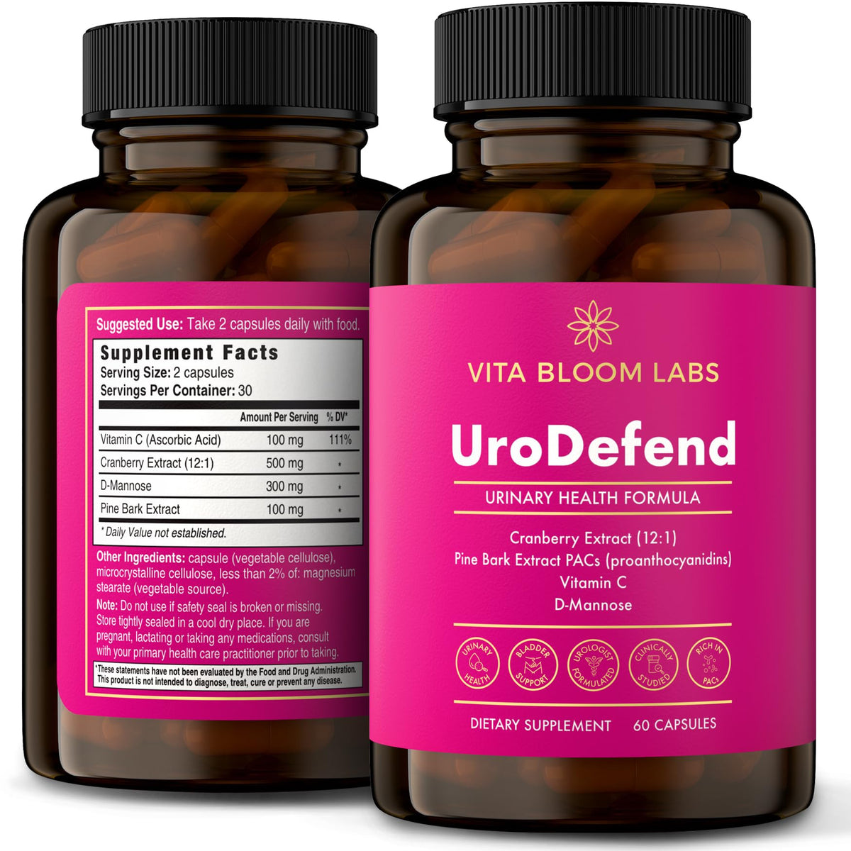 Vita Bloom Labs UroDefend capsules closeup with cranberry PACs for urinary support