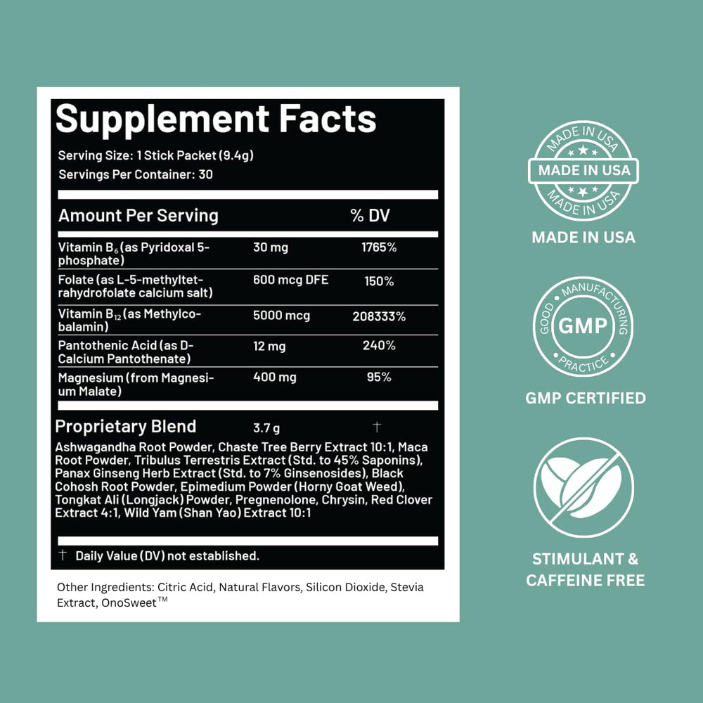 Vita-Fem sachet being stirred into water for easy daily use.