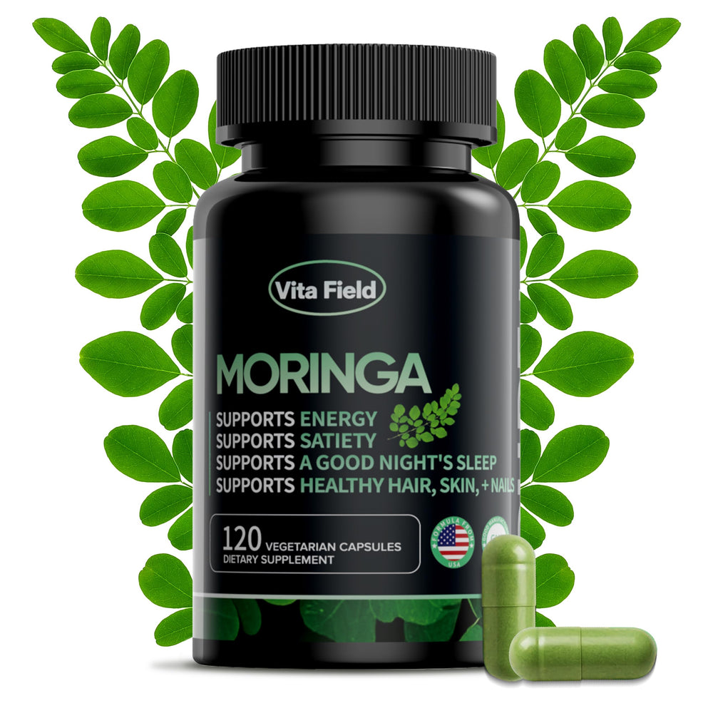 Vita Field Moringa capsules bottle on table for easy daily use