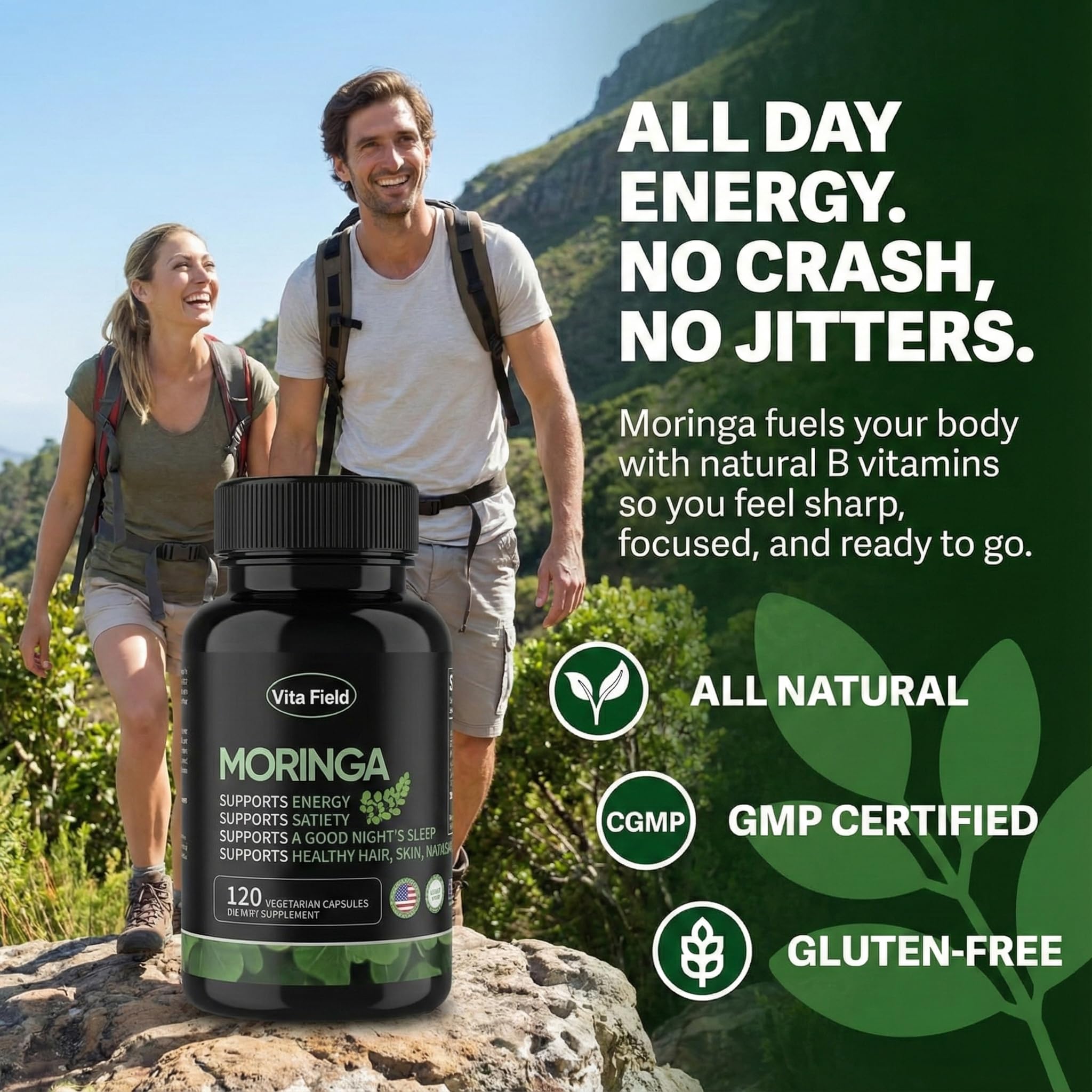 Vita Field Moringa capsules in hand suggest simple daily routine