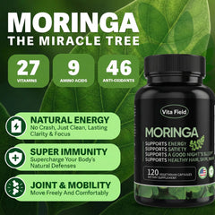Vita Field Moringa capsules label closeup shows purity and potency