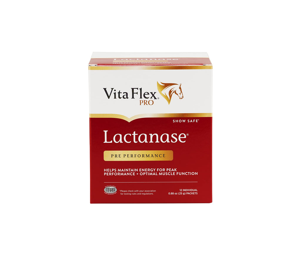 Vita Flex Lactanase packet open, showcasing convenient energy support for athletic horses.