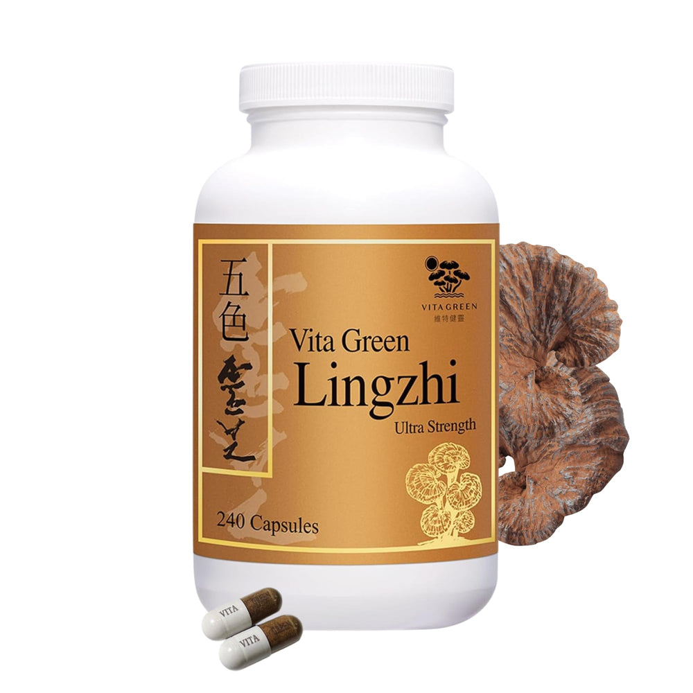 Vita Green Lingzhi bottle front showing daily energy support potential