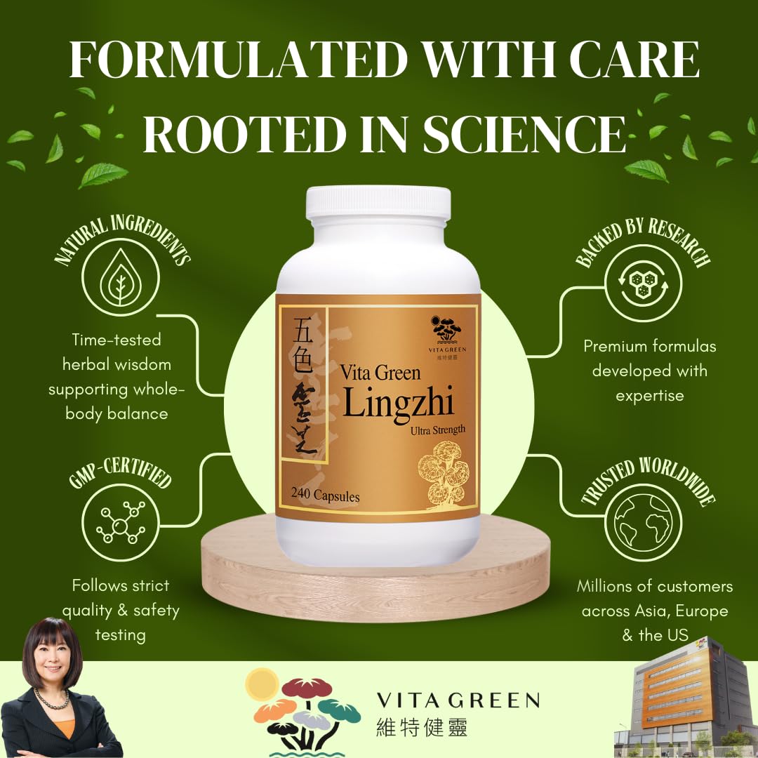 Vita Green Lingzhi capsules close-up highlighting supplement form
