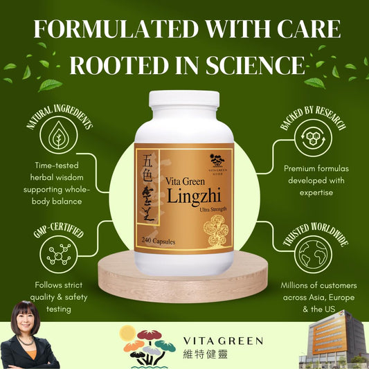 Vita Green Lingzhi capsules close-up highlighting supplement form