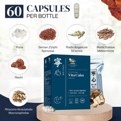 Vita Green Vita Calm Sleep Aid capsules beside a glass of water promote bedtime routine.