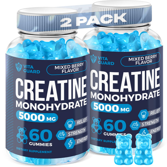 Vita Guard 5000mg creatine gummies in a bottle for easy daily use.