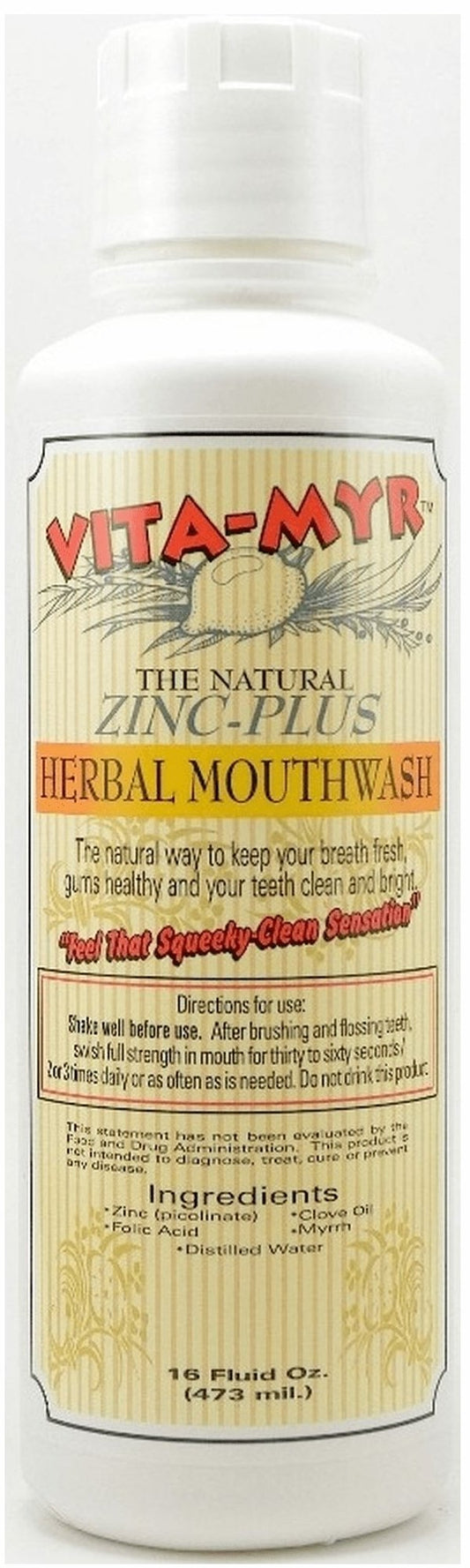 VITA-MYR herbal zinc-plus mint splash demonstrates a fluoride-free rinse.