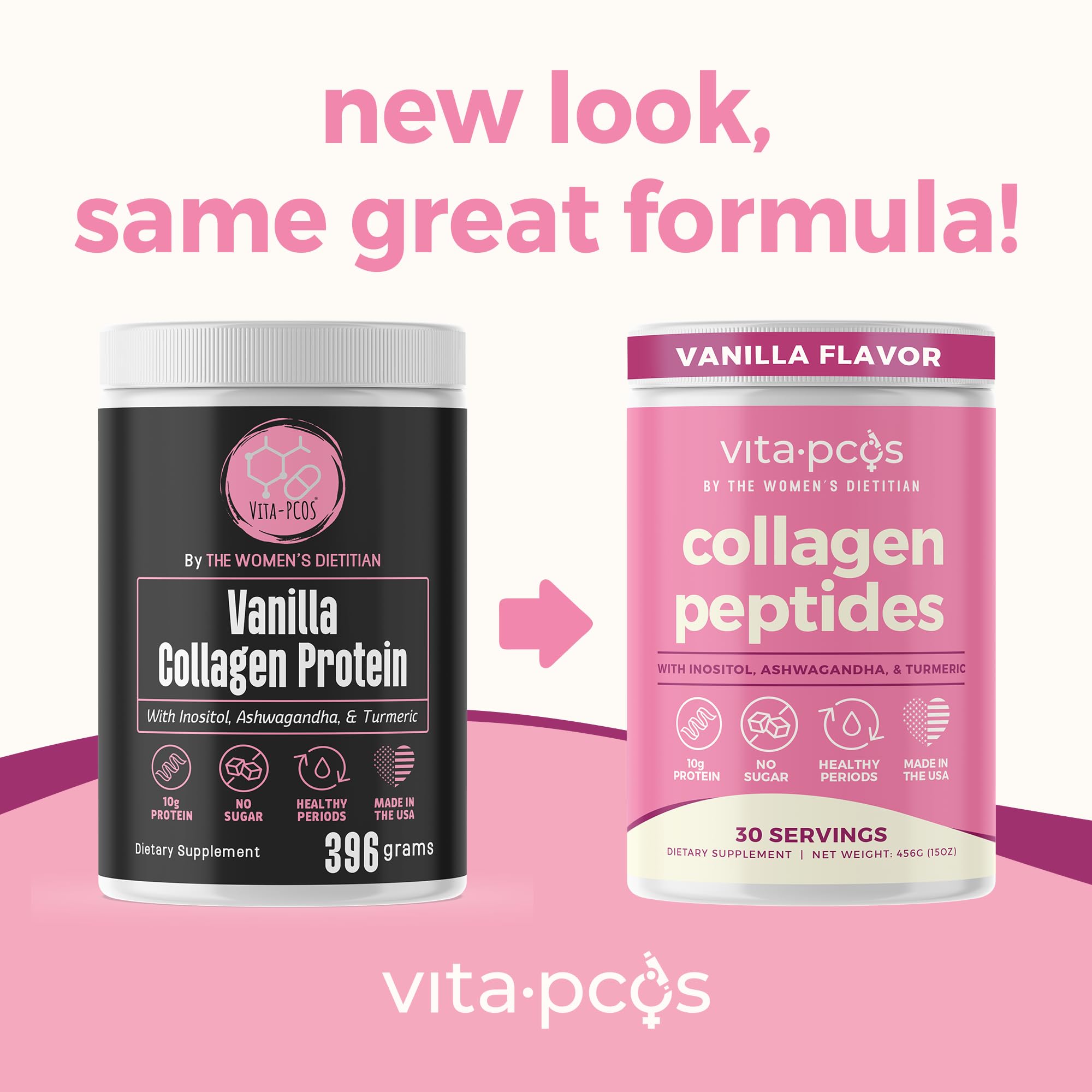 VITA-PCOS collagen powder being scooped to show convenient daily protein.
