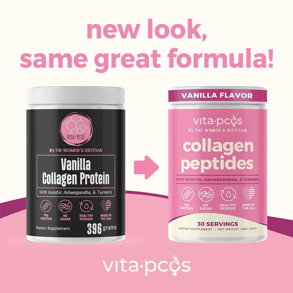 VITA-PCOS collagen powder being scooped to show convenient daily protein.