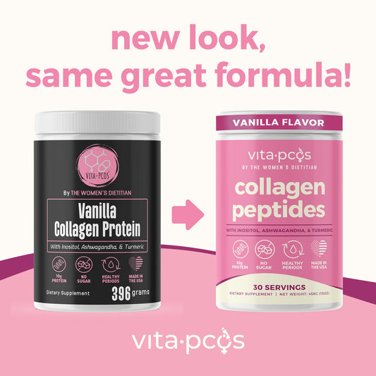VITA-PCOS collagen powder being scooped to show convenient daily protein.