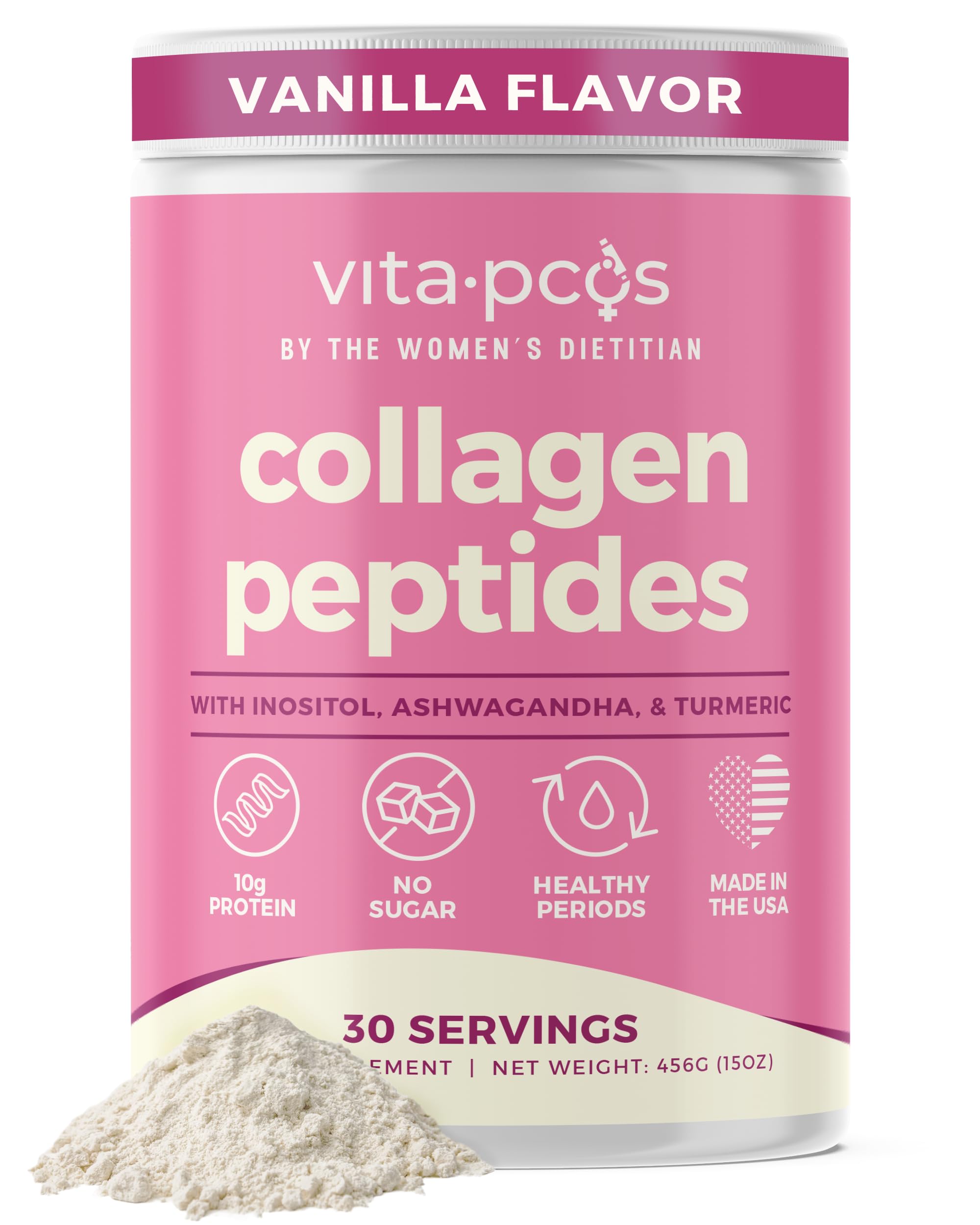 VITA-PCOS collagen tub vanilla label closeup with ingredients for daily wellness.