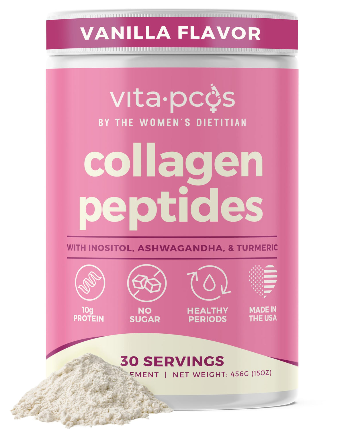VITA-PCOS collagen tub vanilla label closeup with ingredients for daily wellness.