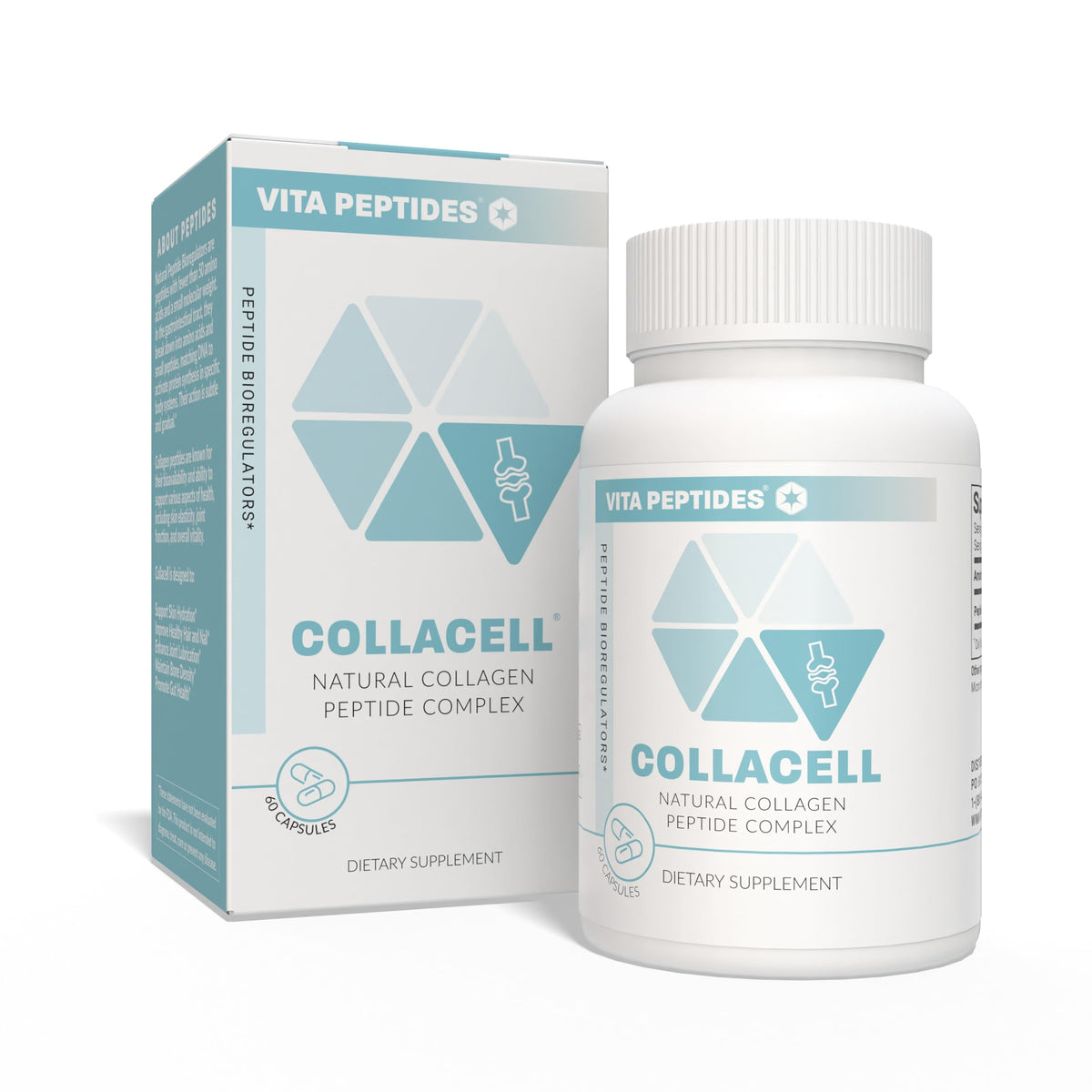 Vita Peptides Collacell bottle pour illustrating daily supplementation for skin and joints.