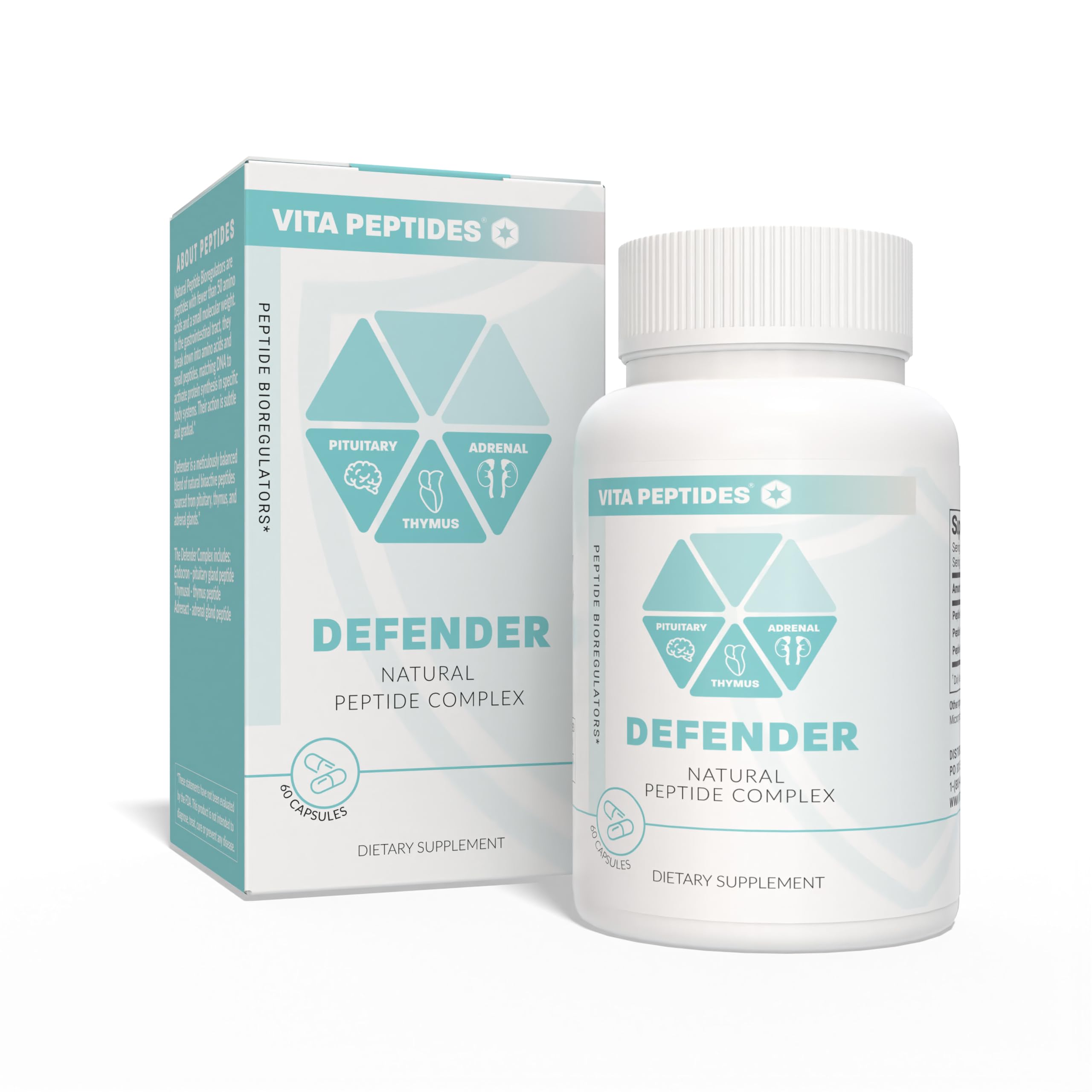 Vita Peptides Defender bottle close-up highlighting the natural peptide bioregulator for balanced gland support