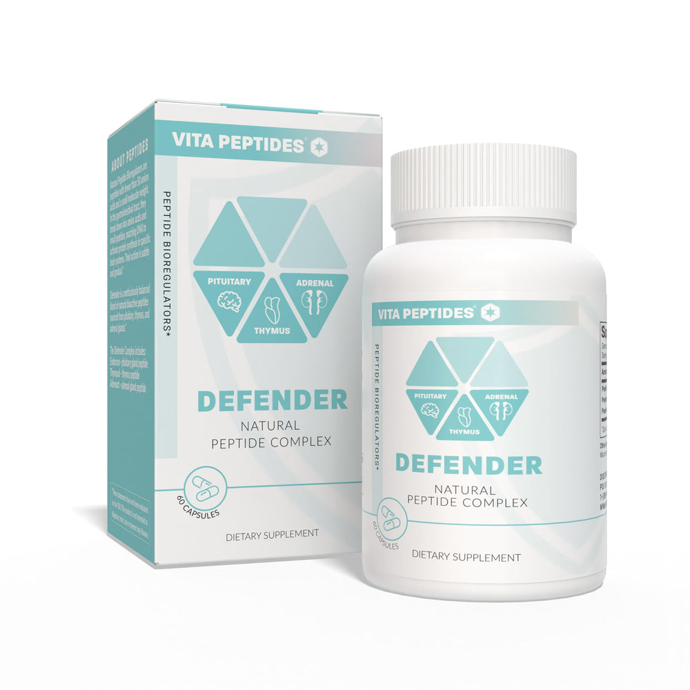 Vita Peptides Defender bottle close-up highlighting the natural peptide bioregulator for balanced gland support