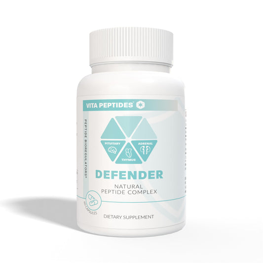 Vita Peptides Defender label details emphasizing USA-made formulation and breakthrough peptide heritage