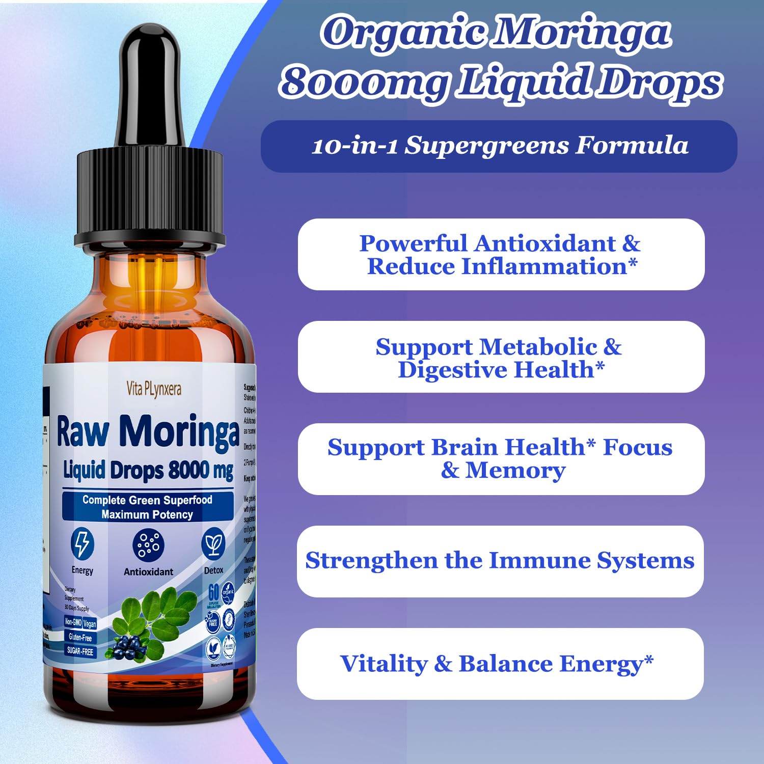 Pouring 2 ml serving of Vita PLynxera moringa drops for convenient daily use.
