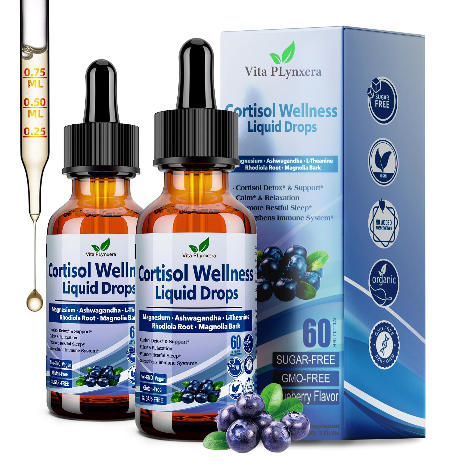 Vita PLynxera cortisol liquid drops bottle for easy daily dosing and mood support
