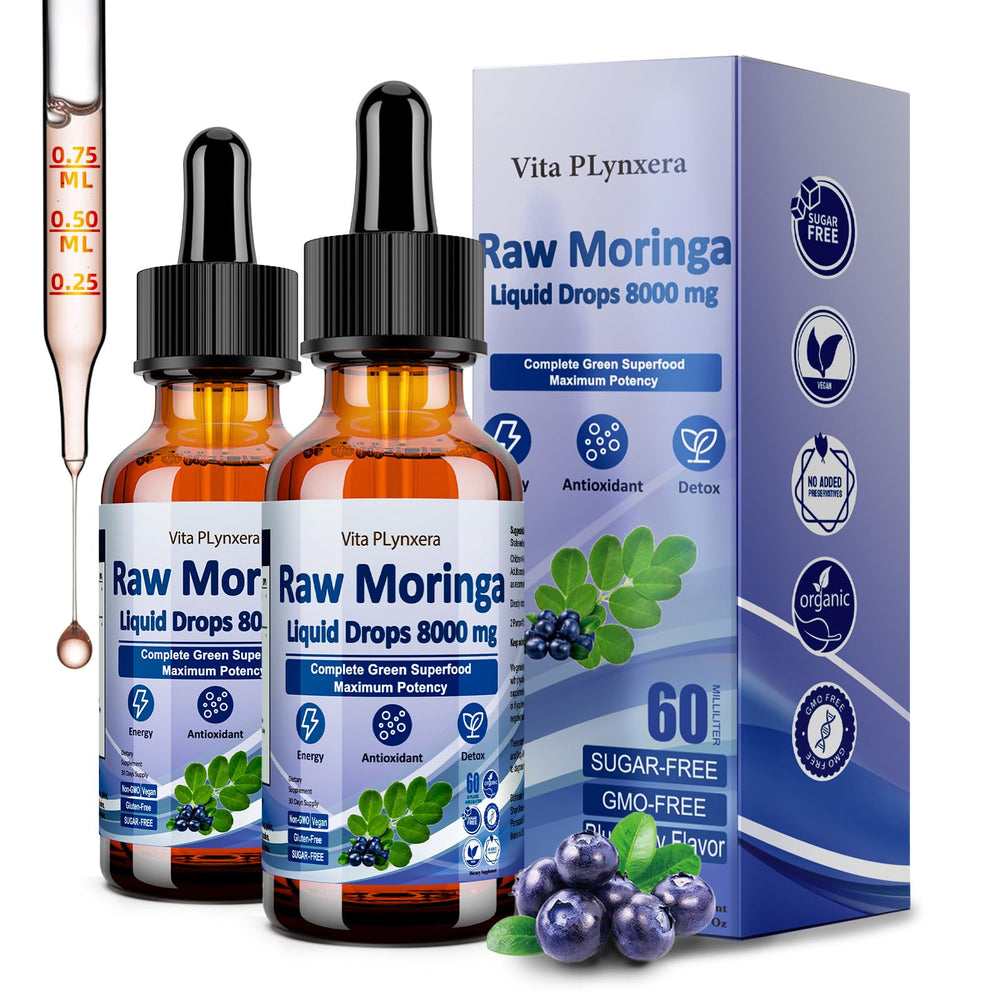 Vita PLynxera Moringa drops bottle on counter for daily energy support.