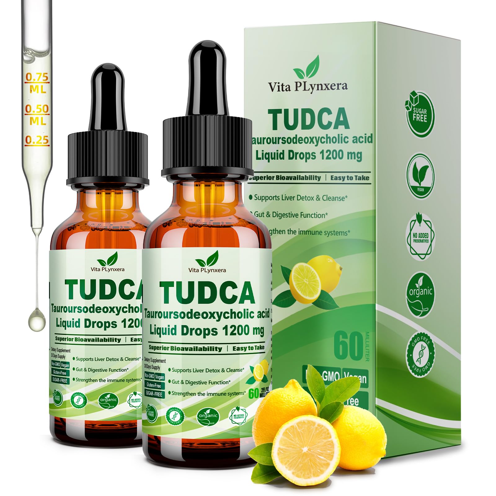 Vita PLynxera Tudca drops bottle angled signals premium liver support potential.