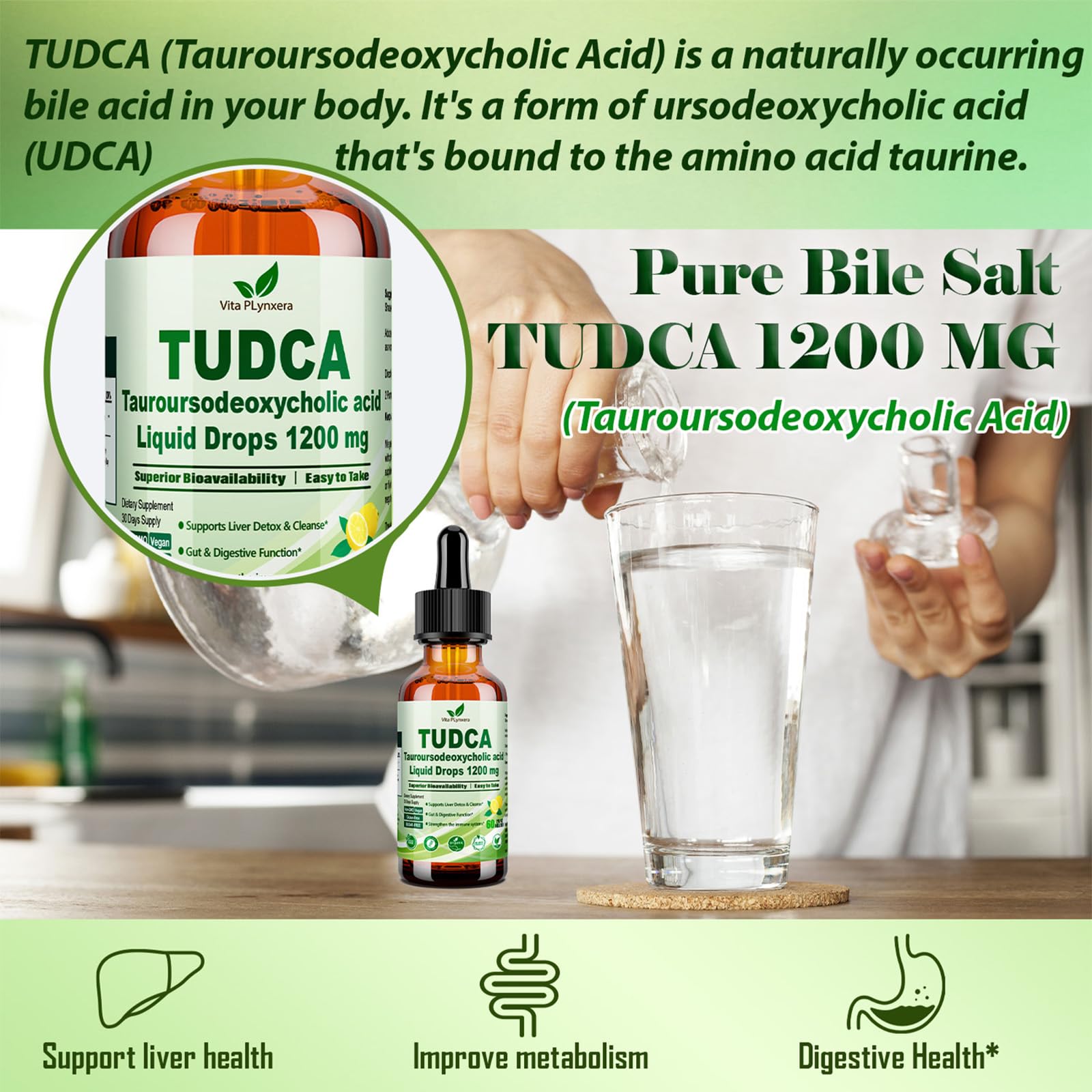 Vita PLynxera Tudca drops dropper closeup for precise dosing and fast absorption.