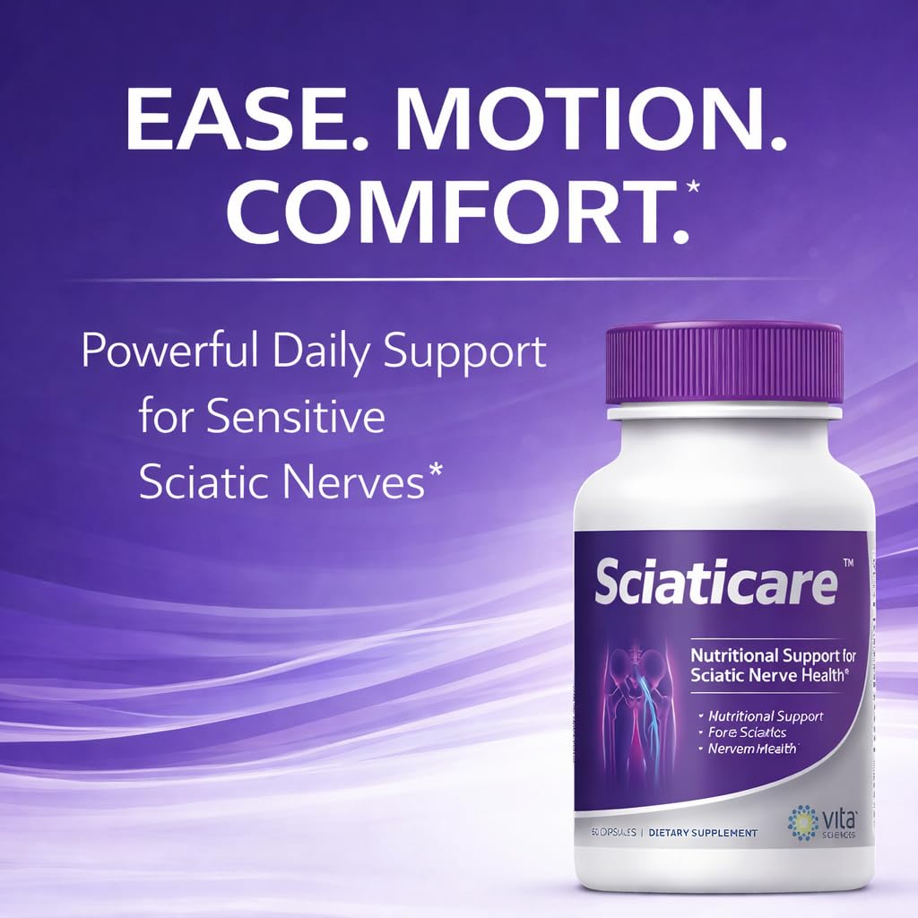 Box packaging of Vita Sciences Sciaticare displayed on a clean kitchen counter for daily use