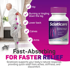 Capsules poured from Sciaticare bottle into a hand, illustrating easy twice-daily dosing
