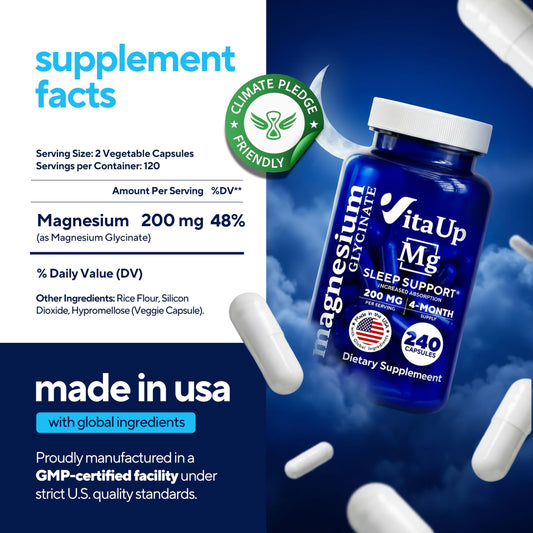 VitaUp bottle back label explains dosage and core benefits of glycinate