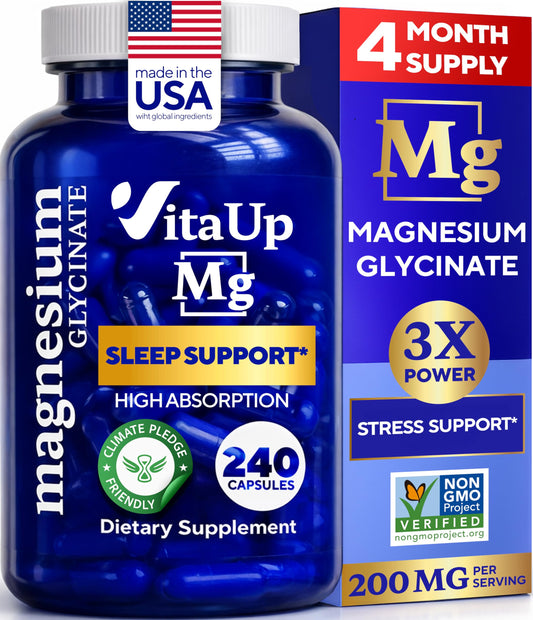 VitaUp magnesium glycinate bottle front shows high-absorption formula for restful nights