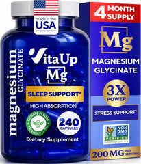 VitaUp magnesium glycinate bottle front shows high-absorption formula for restful nights