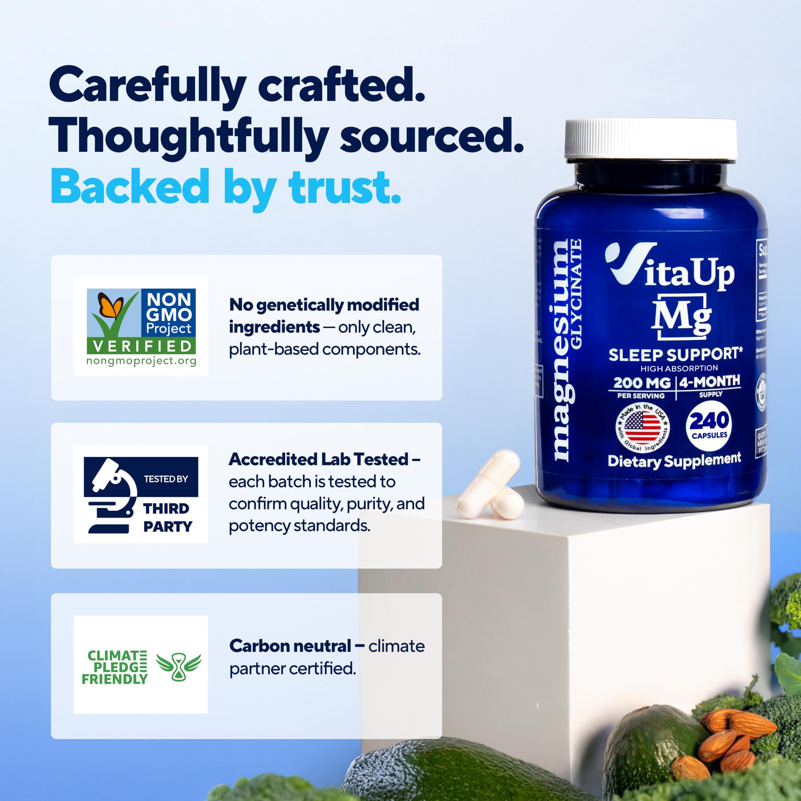 VitaUp bottle on nightstand complements nightly routine for calm evenings