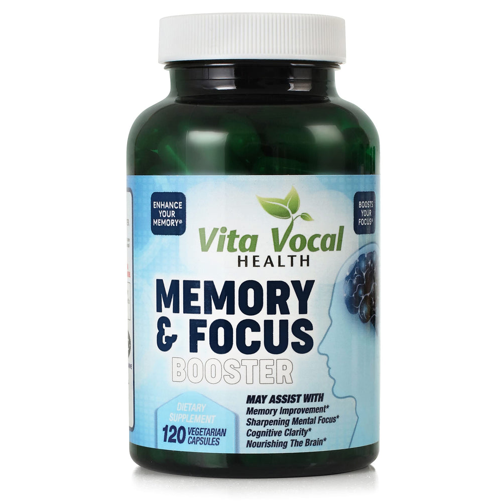 Vita Vocal memory focus supplement bottle front promotes mental clarity