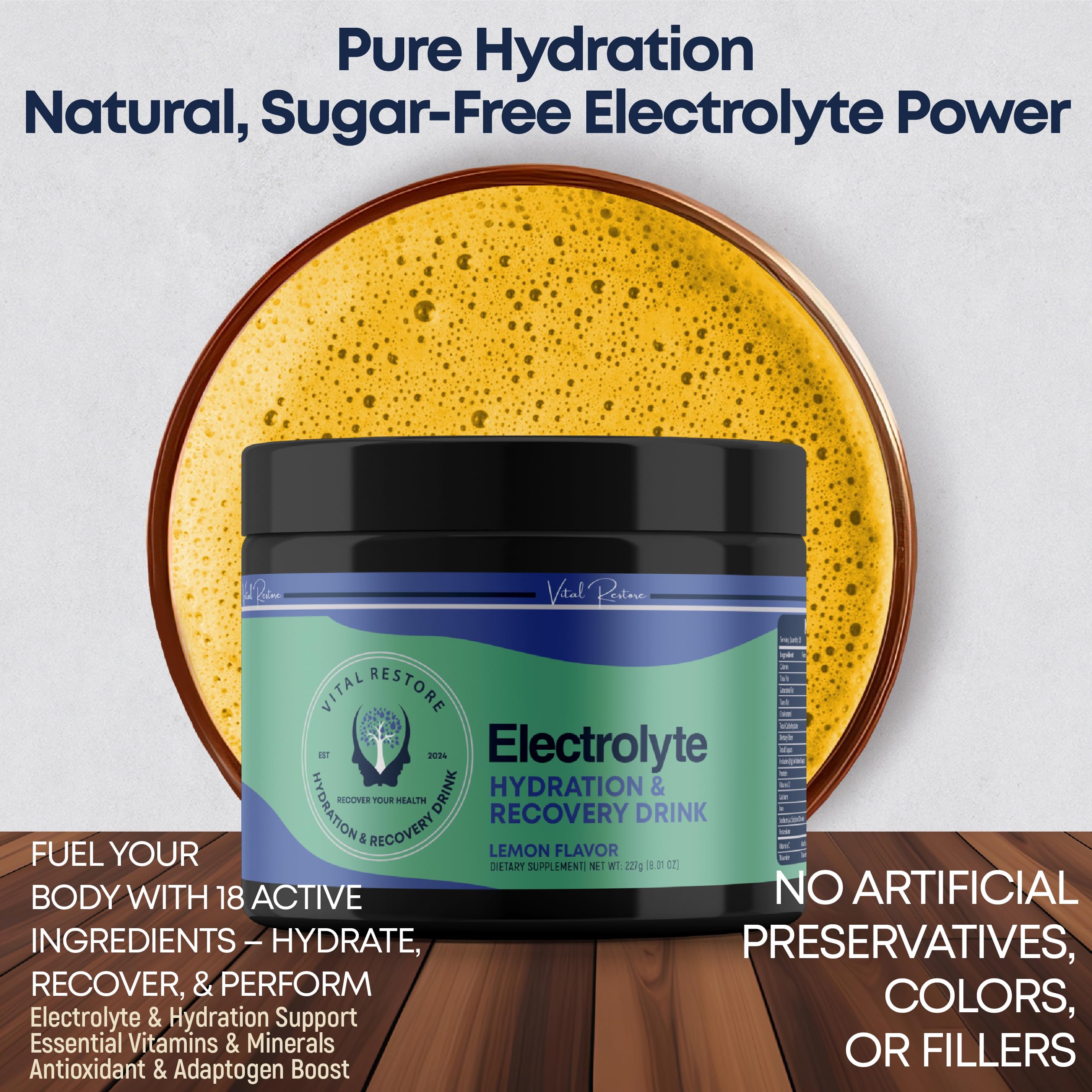 VitalRestore lemon flavor glass highlighting refreshing hydration without sugar