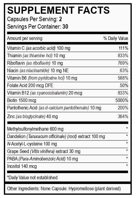 Vita4Life Biotin MSM bottle side view with label details for dosing.