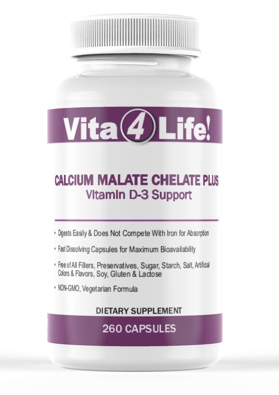 Vita4Life calcium malate + D3 bottle shows a high-potency bone health formula