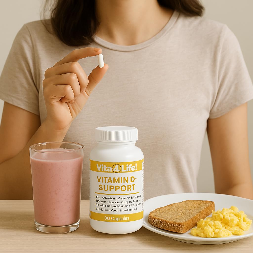 Vita4Life D3 K2 Magnesium label close-up, emphasizing non-GMO vegetarian formula.