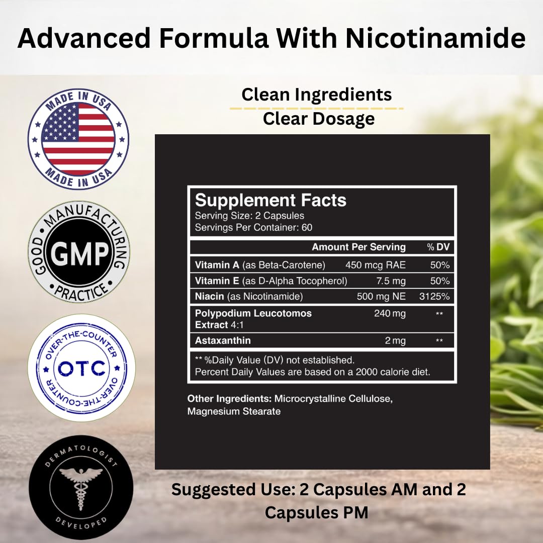 VitaArmor SunArmor Advanced label close-up highlighting Nicotinamide and Polypodium Leucotomos.