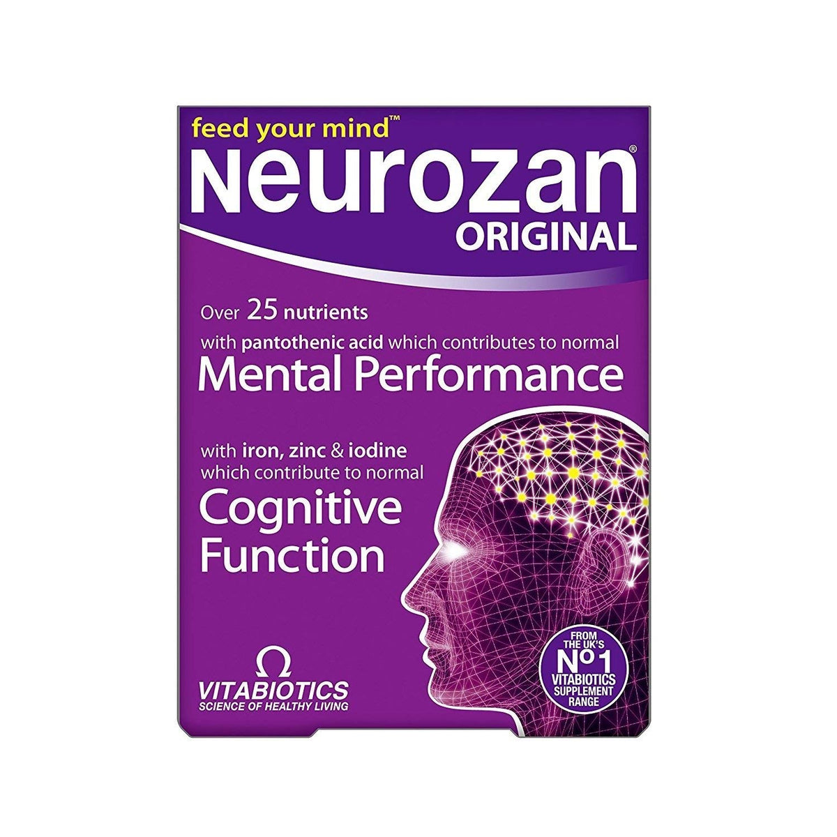 Vitabiotics Neurozan bottle close-up, featuring omega-3 DHA capsules for brain support.