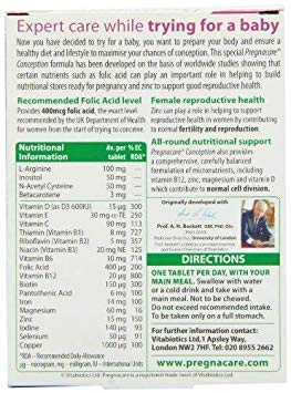 Close-up of Vitabiotics Pregnacare Conception bottle for daily fertility support