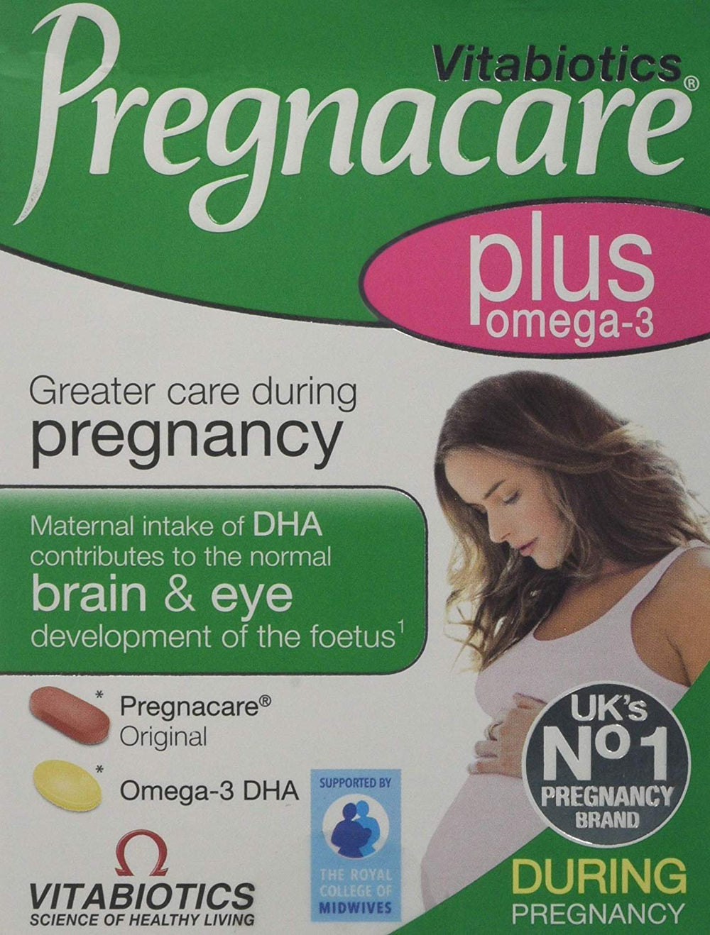 Vitabiotics Pregnacare Plus Omega 3 pack visual for pregnancy nutrition support.