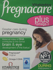 Vitabiotics Pregnacare Plus Omega 3 pack visual for pregnancy nutrition support.
