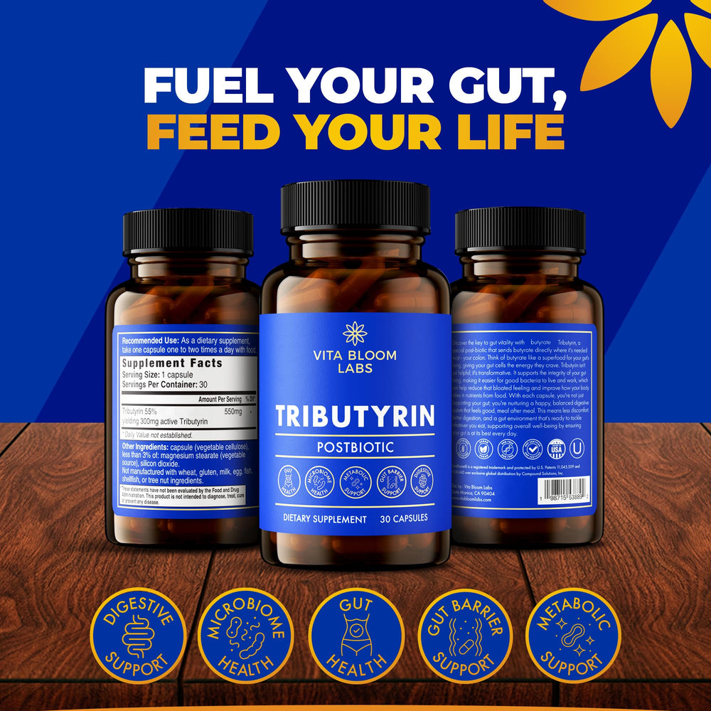 Vita Bloom Labs Tributyrin capsules close-up showing smooth absorption.