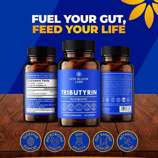 Vita Bloom Labs Tributyrin capsules close-up showing smooth absorption.