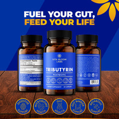 Vita Bloom Labs Tributyrin capsules close-up showing smooth absorption.