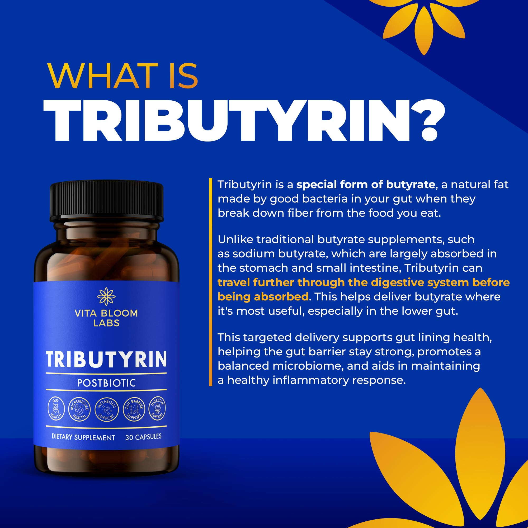 Vita Bloom Labs Tributyrin packaging front highlighting 3-in-1 postbiotic benefits.