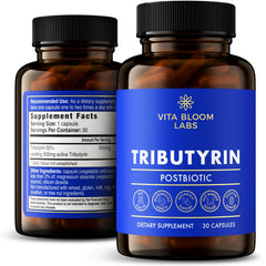 Vita Bloom Labs Tributyrin supplement bottle for easy gut support.